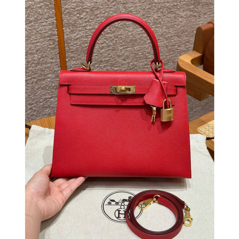 Hermes Kelly 25 / 28  in Epsom Leather-Rouge casaque