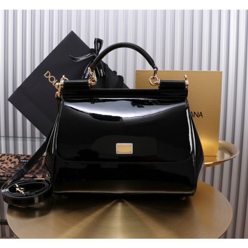 Dolce Gabbana Large Sicily Handbag in Polished Calfskin-Black